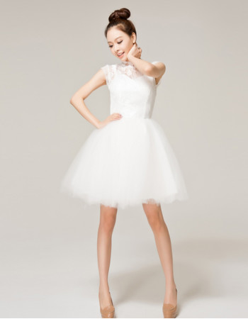 Designer Charming A-Line Mandarin Collar Lace Tulle Short Wedding Dress for Reception