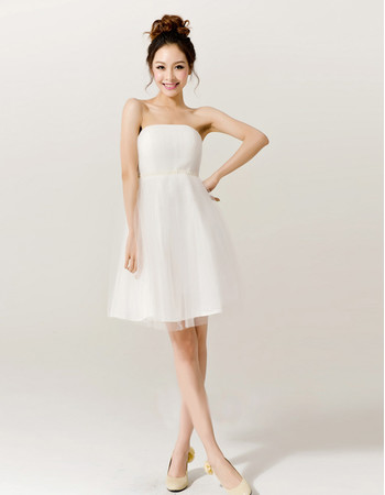 Cheap Simple Charming Waist Strapless Tulle Short Reception Wedding Dress with Beaded