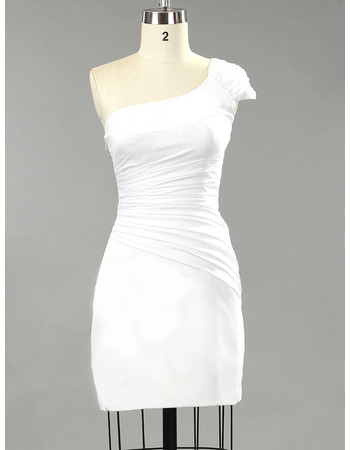 Sexy Simple One Shoulder Sheath/ Column Ruched Satin Short Reception Wedding Dress