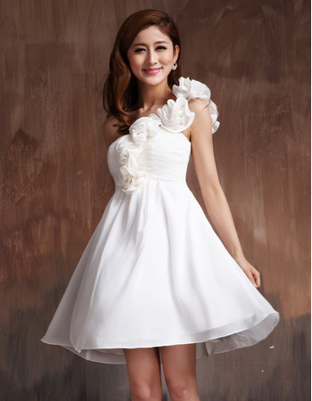 Cheap Romantic One Shoulder Strap Short Reception Chiffon Wedding Dress with Flower