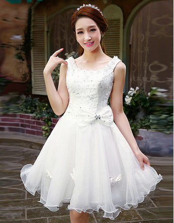 Affordable Stunning A-Line Organza Short Reception Wedding Dress with Beaded Applique