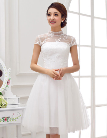 Affordable Elegant Mandarin Collar A-Line Lace Backless Short Reception Wedding Dress with Cap Sleeves