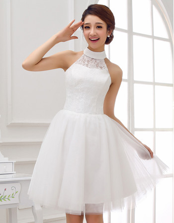 Affordable Charming Collar Neck Lace Organza Short Reception Wedding Dress