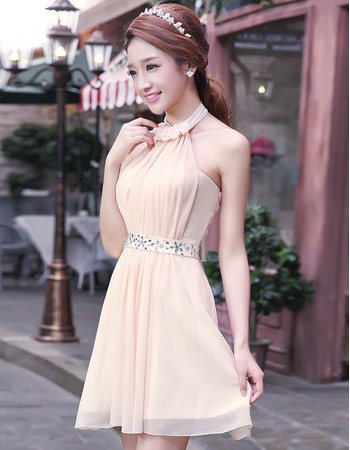 Modern Elegant Flower Halter Chiffon Short Beach Reception Wedding Dress for Summer