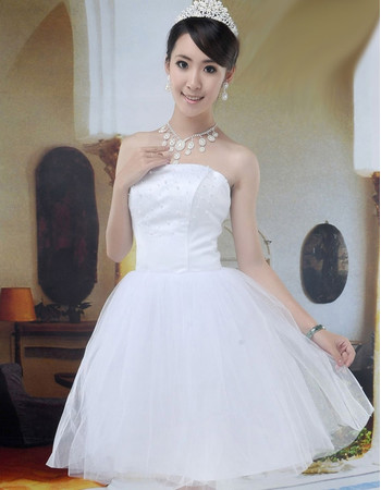 Cheap Simple A-Line Strapless Satin Tulle Short Reception Dress for Summer Beach Wedding