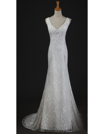 Custom Elegant Lace V-Neck Mermaid Sweep Train Spring Wedding Dress