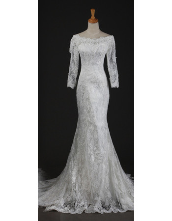 Cheap Elegant Long Sleeves Lace Mermaid Sweep Train Wedding Dress