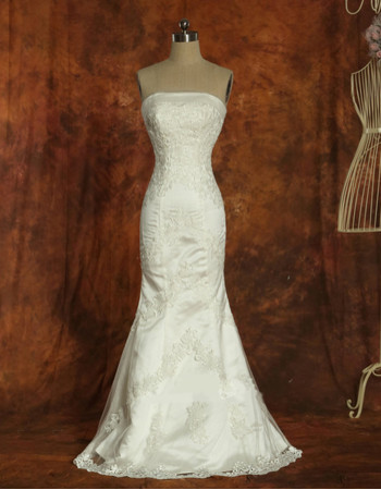 Custom Vintage Mermaid Strapless Satin Sweep Train Wedding Dress