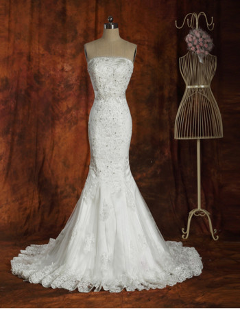 Custom Designer Mermaid Court Train Strapless Satin Wedding Dress