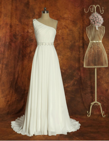 Beautiful Simple One Shoulder Chiffon A-Line Brush Train Wedding Dress