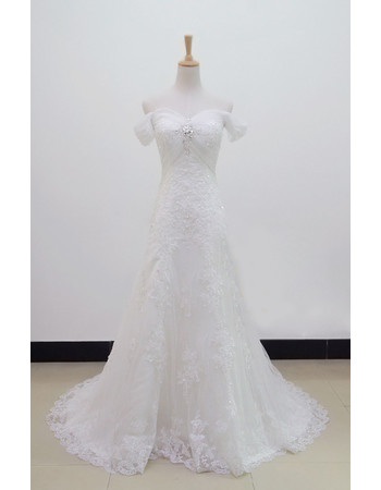 Custom Beautiful High Waist Off-the-shoulder Organza A-Line Sweep Train Wedding Dress