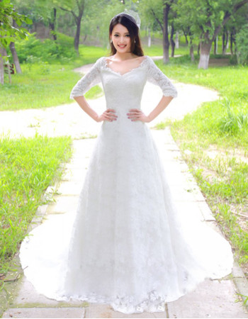 Classy Modest Lace Sleeves Court Train A-Line V-Neck Wedding Dress