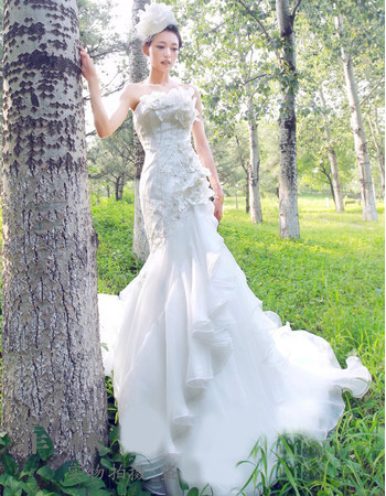 Cheap Luxury Mermaid Court Train Strapless Satin Dress for Wedding