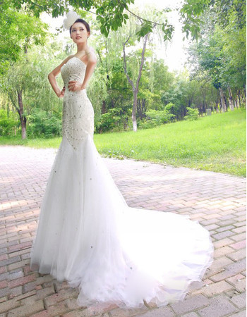 Cheap Gorgeous Mermaid Sweetheart Court Train Organza Wedding Dress