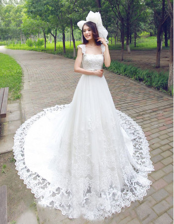 Stunning Lace Chapel Train Straps A-Line Wedding Dress