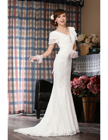 Elegant Lace Mermaid Short Sleeves V-Neck Sweep Train Wedding Dress