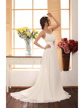 Cheap Romantic Chiffon Sweep Train Sheath Scoop/ Round Wedding Dress