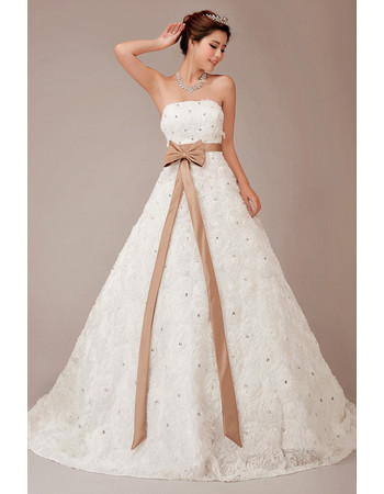 Cheap Vintage Floral Strapless A-Line Sweep Train Dress for Wedding