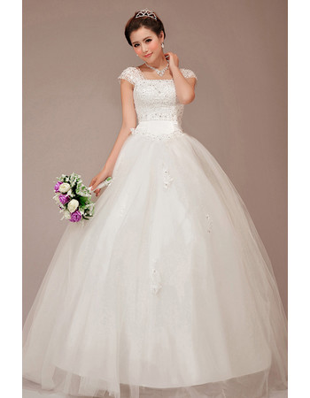 Cheap Stunning Cap Sleeves Square Ball Gown Floor Length Wedding Dress