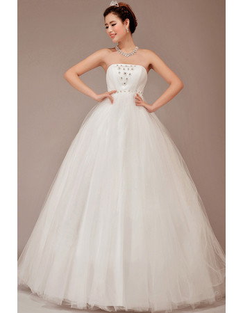 Cheap Classic Fit and Flare Strapless Ball Gown Floor Length Organza Wedding Dress