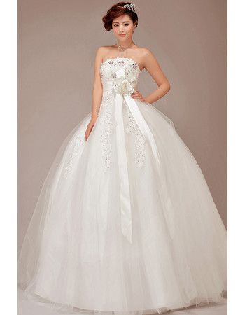 Cheap Classic Strapless Ball Gown Organza Wedding Dress with Sashes