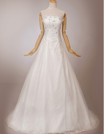 Cheap Custom Classy A-Line Lace Strapless Sweep Train Wedding Dress