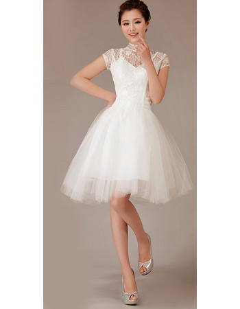 Cheap Beautiful Modest Mandarin Collar Short Sleeves Lace Short Reception Wedding Dress