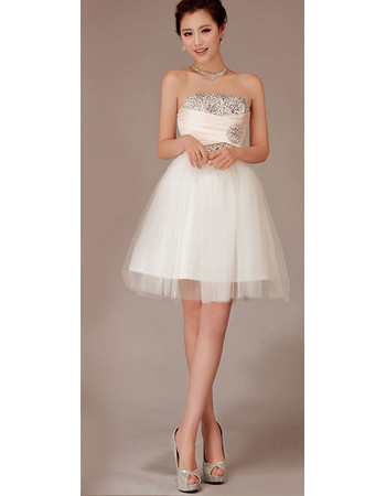 Cheap Charming A-Line Strapless Satin Organza Short Beach Wedding Dress