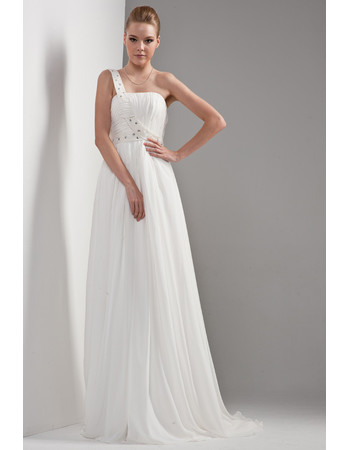 Cheap Simple Classy One Shoulder Chiffon Sweep Train Empire Wedding Dress