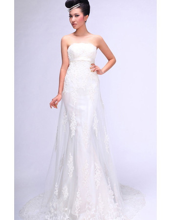 Classic Empire Waist Lace Sheath Strapless Sweep Train Wedding Dress