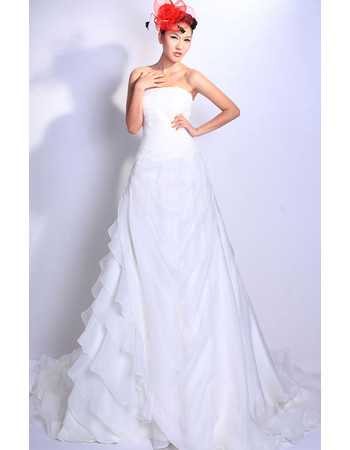 Cheap Classy Luxury Tiered Chapel Train Organza Strapless Wedding Dress