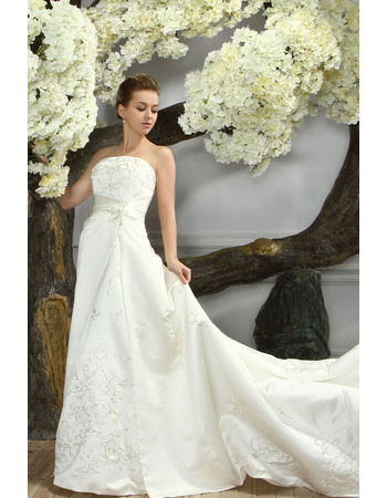 Inexpensive Classic Chapel Train Strapless Satin A-Line Wedding Dress