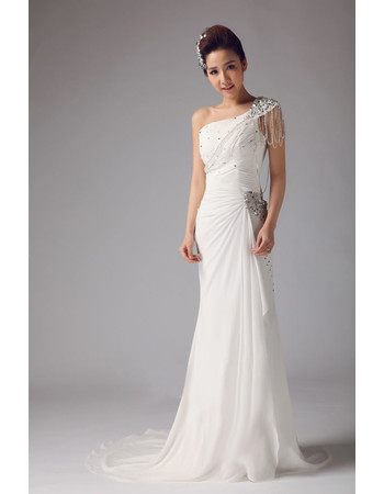 Affordable Beautiful One Shoulder Chiffon Brush/ Sweep Train Sheath Wedding Dress