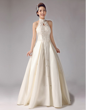 Inexpensive Vintage Mandarin Collar A-Line Floor Length Satin Wedding Dress