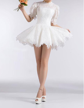 Informal Designer Bubble Sleeves Lace A-Line Short Summer Beach Wedding Dress