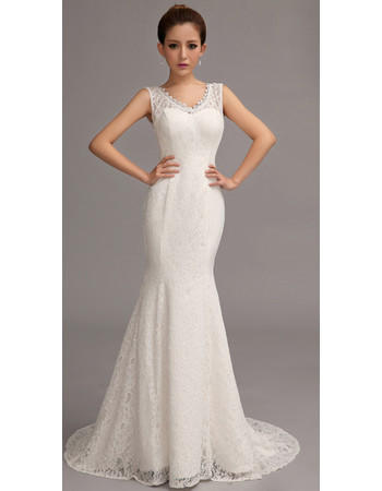 Classic and Modern Classy Lace Mermaid/ Trumpet V-Neck Sweep Train Wedding Dress