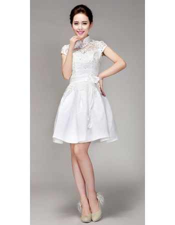 Chic Mandarin Collar Lace A-Line Short Reception Wedding Dress