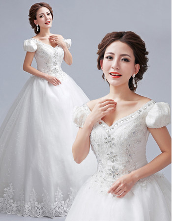 Europe Timeless V-Neck Short Sleeves A-Line Floor Length Wedding Dress