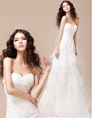 Gorgeous Tiered Skirt Organza Sweetheart Sweep Train A-Line Wedding Dress