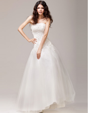 Affordable Fit and Flare A-Line Strapless Floor Length Satin Organza Wedding Dress