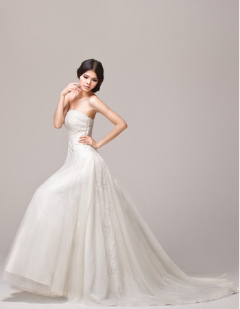 Stylish Designer A-Line Strapless Court Train Satin Organza Wedding Dress