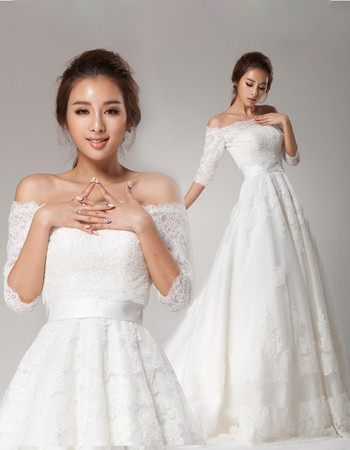 Affordable Romantic Off-the-shoulder Half Sleeves Lace Sweep Train A-Line Wedding Dress