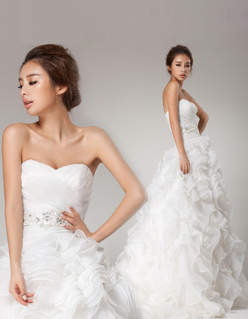 Affordable Romantic Ruffle Sweetheart Organza A-Line Brush Train Wedding Dress