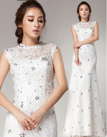 Affordable Romantic Lace Sheath Sequin Brush/ Sweep Train Wedding Dress