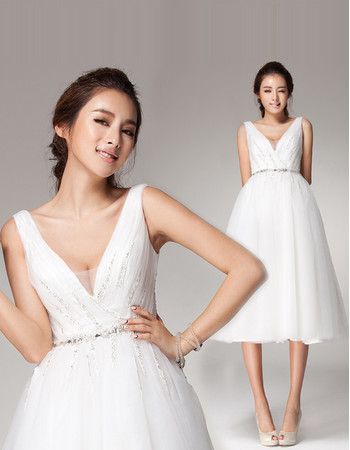 Chic V-Neck High Waist Open Back Organza A-Line Short Reception Wedding Dress