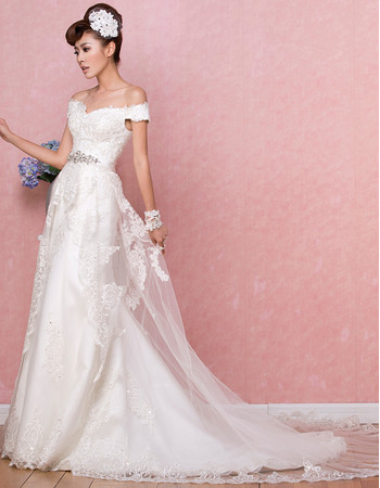 Affordable Timeless Off-the-shoulder Brush/ Sweep Train Satin Wedding Dress