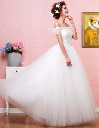 Affordable Romantic Off-the-shoulder Ball Gown Organza Floor Length Wedding Dress