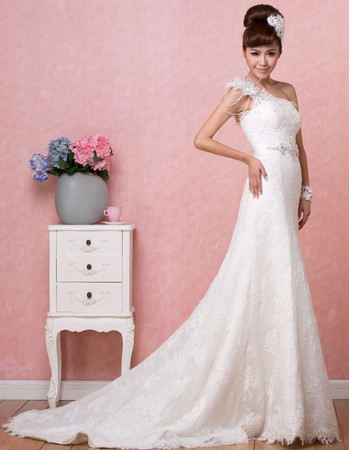 Stylish Elegant One Shoulder Lace A-Line Sweep Train Wedding Dress