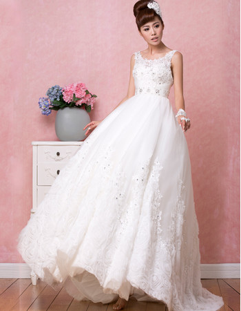 Stunning Modern A-Line Satin Scoop Brush/ Sweep Train Wedding Dress