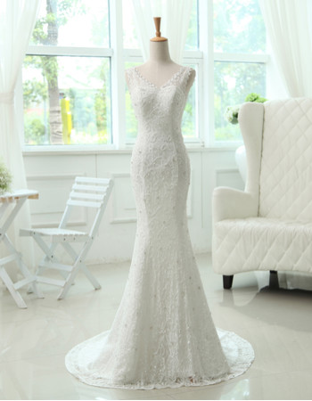 Affordable Custom Elegant Mermaid/ Trumpet Lace Brush Train Wedding Dress for Spring